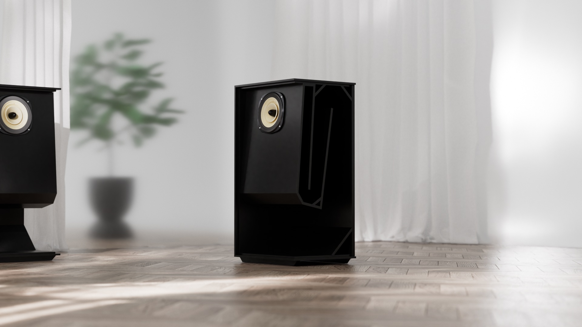 A pair of Acousta 115 loudspeakers, one with the side open to the internal panels