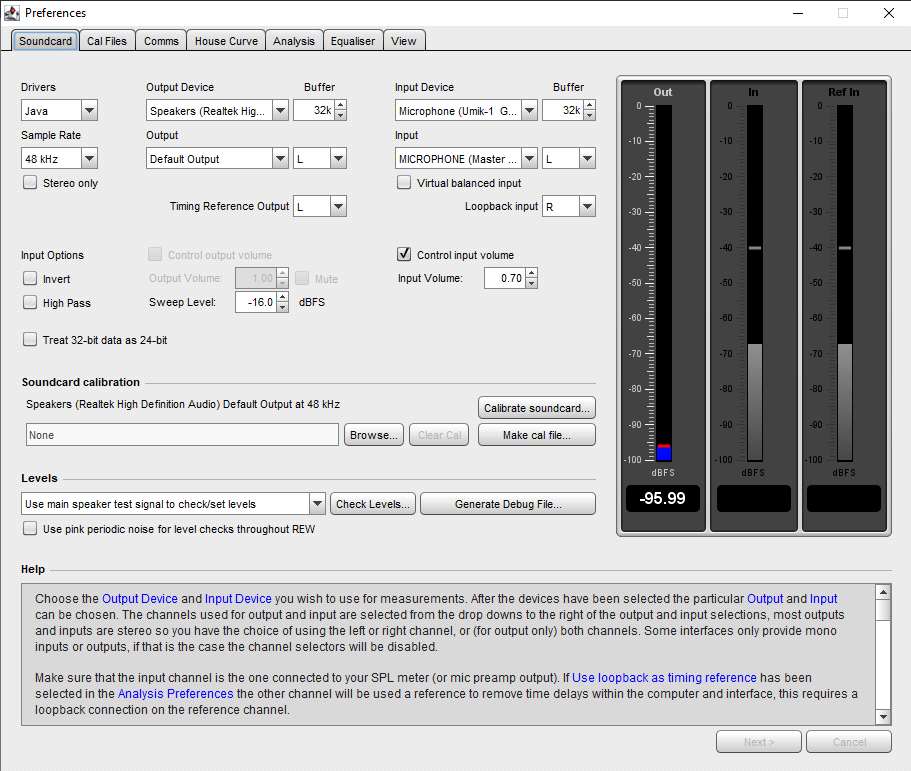 REW measurement settings screenshot