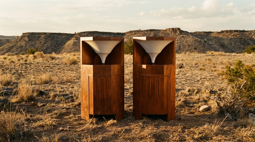 Two Voigt Domestic Corner Horns standing in open country.